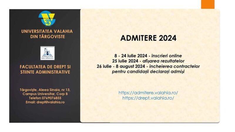 Facultatea de Drept și Științe Administrative din cadrul Universității „Valahia” din Târgoviște are în desfășurare sesiunea de admitere 2024 Facultatea de Drept și Științe Administrative din cadrul Universității „Valahia” din Târgoviște are în desfășurare sesiunea de admitere pentru programele