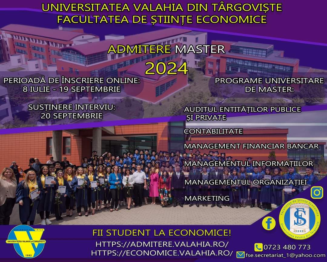 Admitere 2024 la Facultatea de Științe Economice, Universitatea “Valahia” din Târgoviște, înscrierile pentru programele de licență