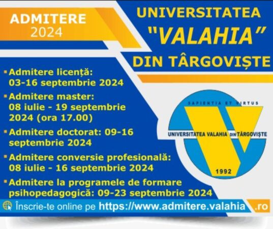 Universitatea Valahia din Târgoviște, o nouă sesiune de admitere: Oferta educațională de la Facultatea de Drept și Științe Administrative și Facultatea de Științe Economice Din 3 septembrie 2024, Universitatea Valahia din Târgoviște anunță începerea unei noi sesiuni de admitere, oferind oportunitatea tinerilor să-și urmeze visul academic.