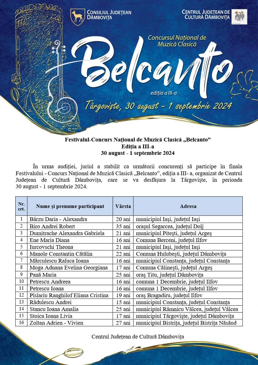 16 finaliști au fost aleși să participe în finala Festivalului-Concurs Național de Muzică Clasică ”Belcanto”, ediția a III-a, 2024