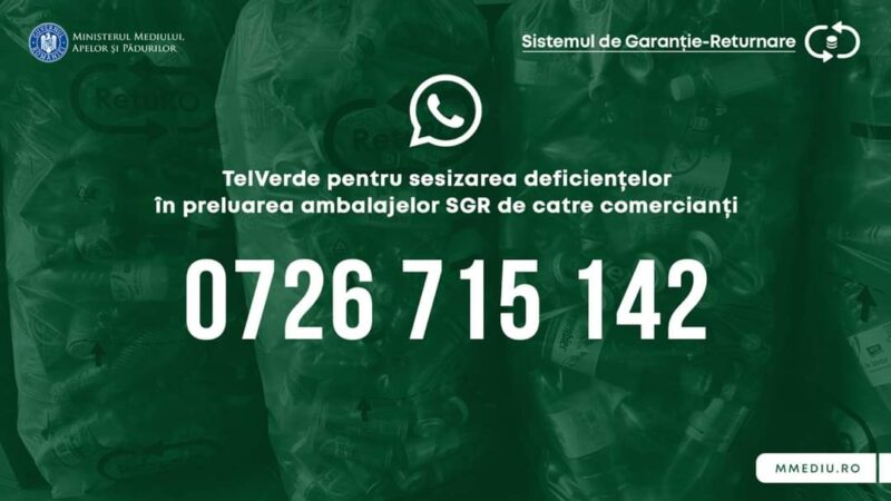 Întâmpini dificultăți cu returnarea ambalajelor SGR? TELVERDE -sesizările pot fi transmise prin Whatsapp la numărul 0726715142 Întâmpini dificultăți cu returnarea ambalajelor SGR? TELVERDE -sesizările pot fi transmise prin Whatsapp la numărul 0726715142