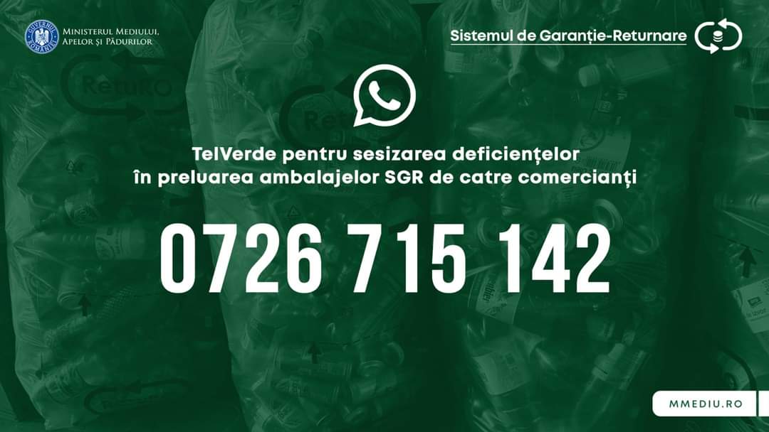 Întâmpini dificultăți cu returnarea ambalajelor SGR? TELVERDE -sesizările pot fi transmise prin Whatsapp la numărul 0726715142