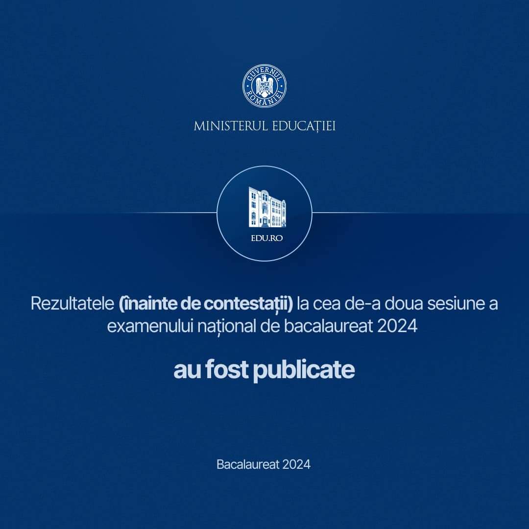 REZULTATE BACALAUREAT-SESIUNEA DE TOAMNĂ: Contestații se depun astăzi, în format fizic sau online în intervalul orar 12:00 - 18:00. 