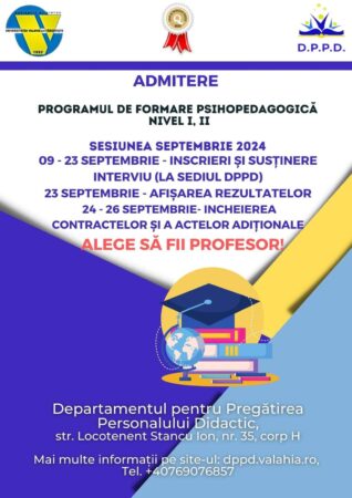 La Universitatea „Valahia” din Târgoviște, înscrierile pentru programele de formare psihopedagogică încep pe 9 septembrie La Universitatea „Valahia” din Târgoviște încep pe 9 septembrie și înscrierile pentru programele de formare psihopedagogică adresate celor care își doresc