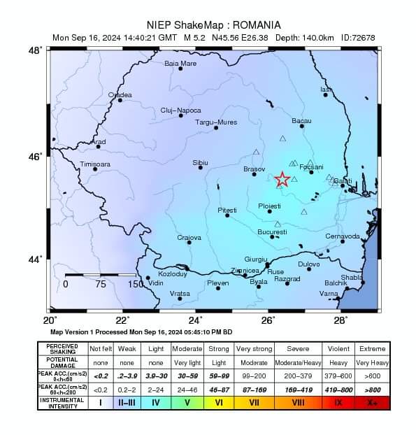 Un cutremur cu magnitudinea de 5,2 s-a produs în România luni, la ora 17.40,resimțit și la Târgoviște și în mai multe orașe