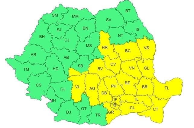 ATENȚIONARE METEOROLOGICĂ  COD GALBEN de PLOI și FURTUNI în județul Dâmbovița, interval de valabilitate: