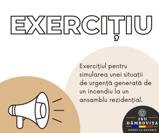 EXERCIȚIU: Simularea intervenției în cazul unui incendiu la un ansamblu rezidențial din Crevedia EXERCIȚIU, în data de 24 octombrie 2024, începând cu ora 10:00, se va desfășura un exercițiu într-un ansamblu rezidențial din localitatea Crevedia.