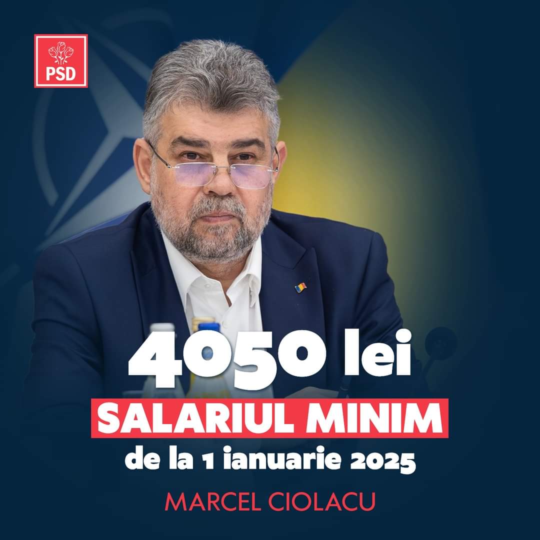 Premierul Marcel Ciolacu a anunțat că, începând cu 1 ianuarie 2025, salariul minim în România va fi stabilit la 4.050 de lei.