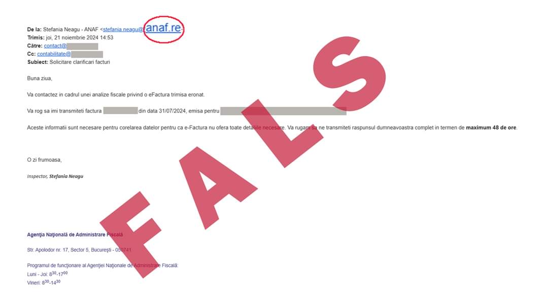 ANAF a emis o alertă importantă pentru contribuabili, privind circulația unor mesaje false care folosesc adresa de e-mail stefania.neagu@anaf.re.