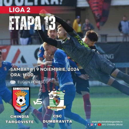 AFC Chindia Târgoviște întâlnește CSC Dumbrăvița în etapa a 13-a din Liga 2 AFC Chindia Târgoviște întâlnește CSC Dumbrăvița în etapa a 13-a din Liga 2, 9 noiembrie, ora 11:00.Fanii echipei din Târgoviște