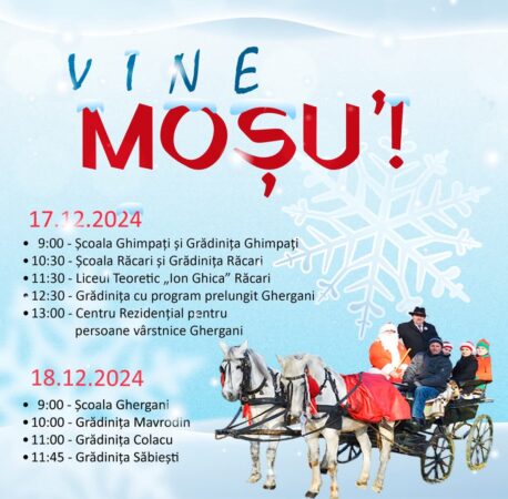 În orașul Răcari, marți și miercuri, 17 și 18 decembrie 2024, Moș Crăciun va face o vizită specială În orașul Răcari, sărbătorile de iarnă sunt un adevărat prilej de bucurie și emoție. Marți și miercuri, 17 și 18 decembrie 2024