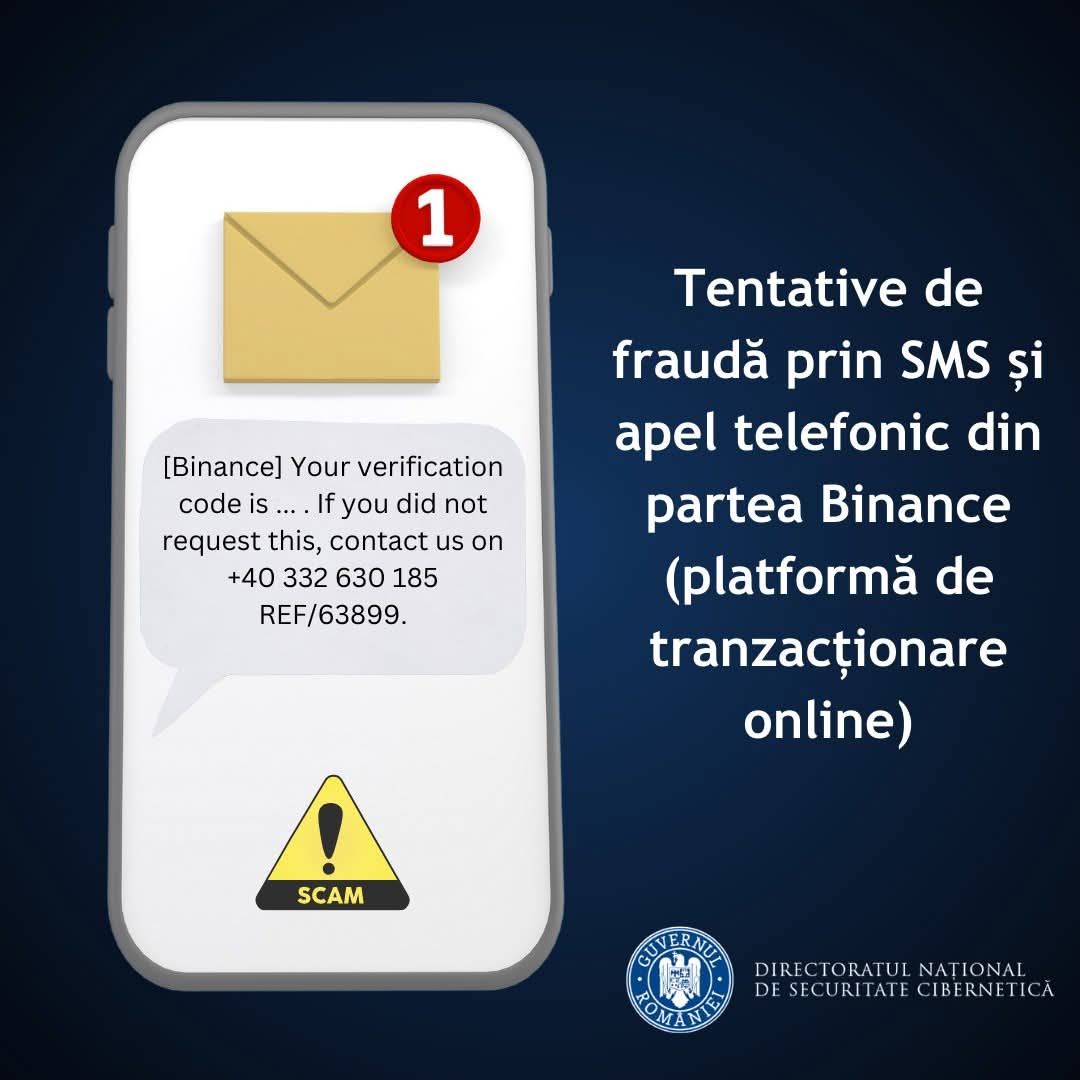 Atenție la tentativele de fraudă prin SMS și apeluri telefonice. Potențialele victime primesc un mesaj, aparent din partea Binance (platformă de tranzacționare online)