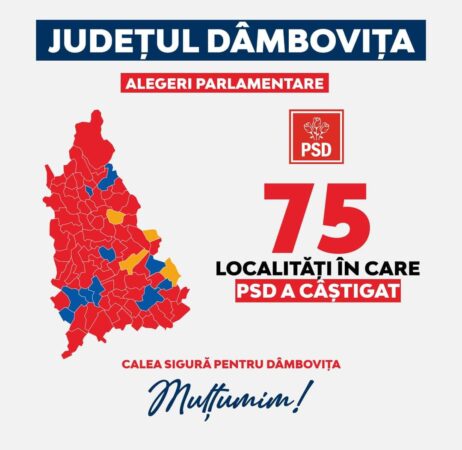 PSD Dâmbovița a câștigat alegerile parlamentare în 75 de localități Președintele PSD Dâmbovița și al Consiliului Județean Dâmbovița, Corneliu Ștefan, a felicitat dâmbovițenii pentru rezultatul obținut