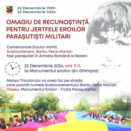 Pe 22 decembrie ceremonie emoționantă la Ghimpați: Omagiu eroilor parașutiști și Marșul Tricolorului Pe 22 decembrie 2024, începând cu ora 11:11, localitatea Ghimpați va fi gazda unui eveniment emoționant dedicat eroilor parașutiști din Armata Română.