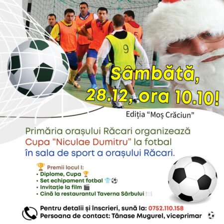 La Răcari, Cupa “Niculae Dumitru” la Fotbal – Ediția “Moș Crăciun” La Răcari, Cupa “Niculae Dumitru” la Fotbal - Ediția “Moș Crăciun”, un eveniment dedicat iubitorilor de fotbal din Răcari și nu numai.