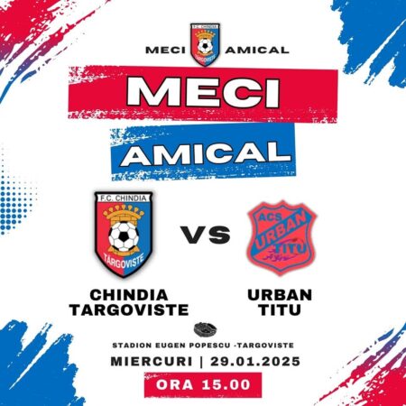 Astăzi,  meci amical, fotbalul revine pe Stadionul Eugen Popescu din Târgoviște. Astăzi, 29 ianuarie 2025, de la ora 15:00, AFC Chindia Târgoviște