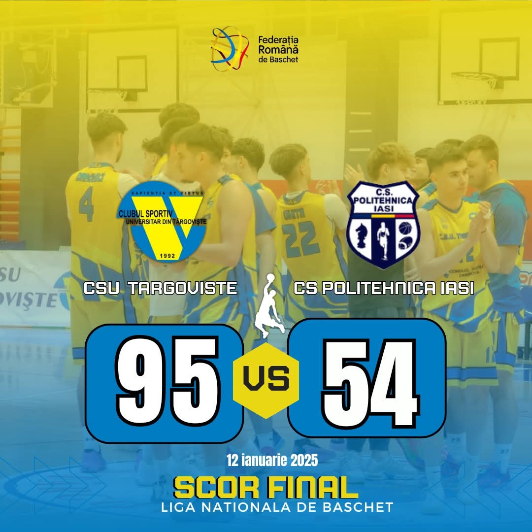 CSU Târgoviște a reușit o victorie spectaculoasă în Liga 1 masculin, în fața echipei CS Politehnica Iași, scor 95-54, într-un meci desfășurat duminică