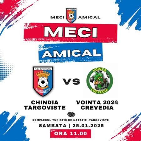 Meci amical, sâmbătă, 25 ianuarie 2025, ora 11:00, Complexul Turistic de Natație, Târgoviște.Iubitorii fotbalului sunt invitați la un meci amical între echipele