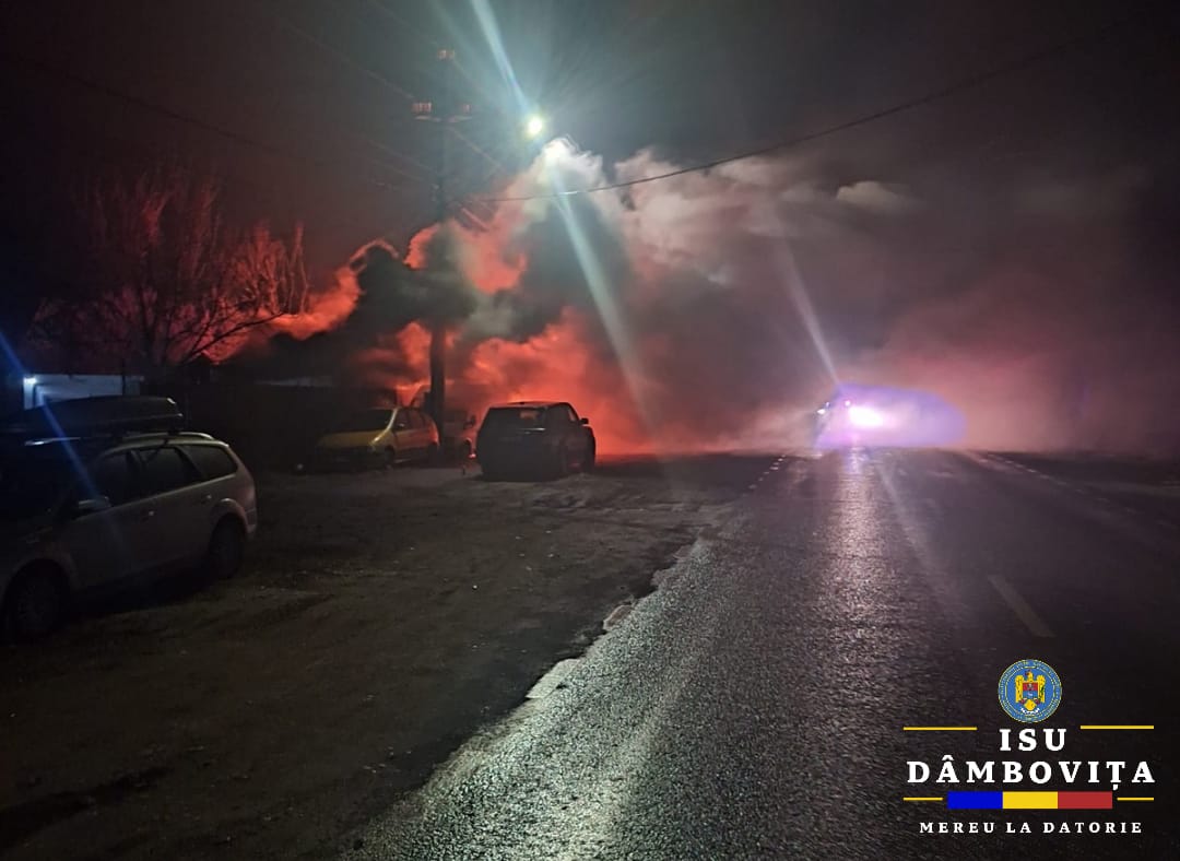 Blestem? Un incendiu violent a izbucnit în această seară într-o hală de depozitare din localitatea Crevedia, provocând un fum dens și panică printre localnici.