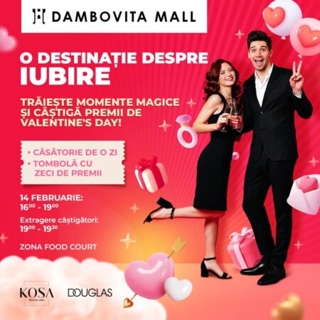Magia iubirii și premii speciale la Dâmbovița Mall de Valentine’s Day Pe 14 februarie, Dâmbovița Mall te invită să sărbătorești dragostea într-un mod unic la standul "Căsătorie pentru o zi"!