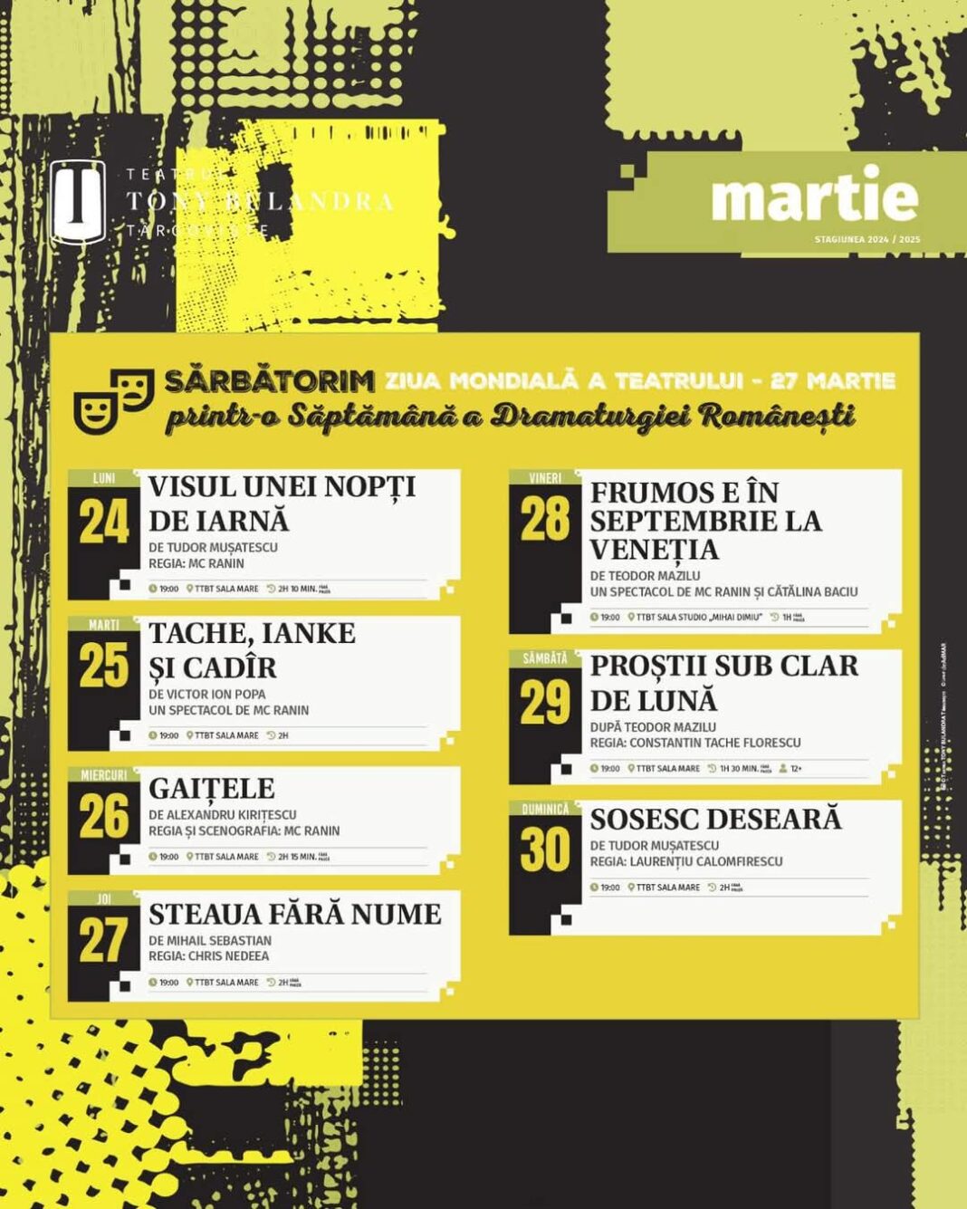 Săptămâna Dramaturgiei Românești la Teatrul „Tony Bulandra” din Târgoviște de Ziua Mondială a Teatrului.