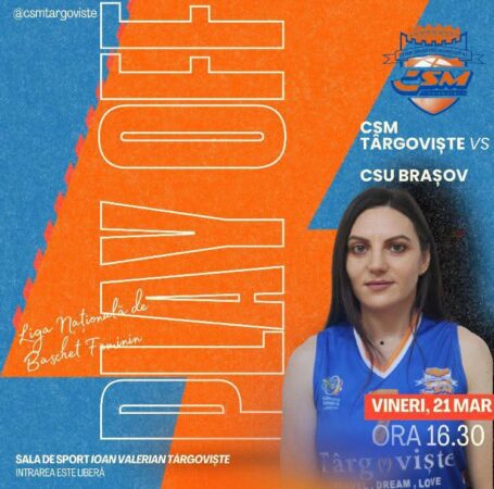 Echipa de baschet CSM Târgoviște începe play-off-ul cu CSU Brașov: Vino să susții echipa! Echipa de baschet CSM Târgoviște începe play-off-ul cu CSU Brașov.Vineri, 21 martie, de la ora 16:30, CSM Târgoviște va debuta în play-off-ul Ligii Naționale de Baschet Feminin,