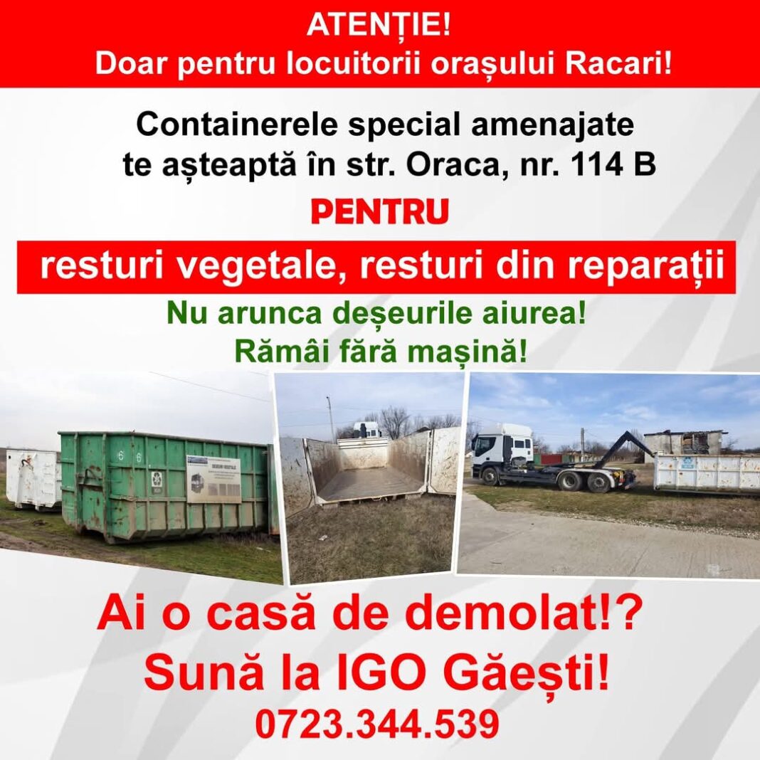 Primăria Răcari adresează un avertisment agenților economici, atrăgând atenția că depozitarea unor cantități mari de deșeuri în containerele destinate persoanelor fizice este strict interzisă și se sancționează conform Hotărârii Consiliului Local nr. 65/26.06.2020.