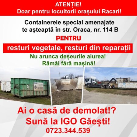 Primăria Răcari avertizează agenții economici: Depozitarea deșeurilor în containerele pentru persoane fizice este interzisă! Primăria Răcari adresează un avertisment agenților economici, atrăgând atenția că depozitarea unor cantități mari de deșeuri în containerele destinate persoanelor fizice este strict interzisă și se sancționează conform Hotărârii Consiliului Local nr. 65/26.06.2020.