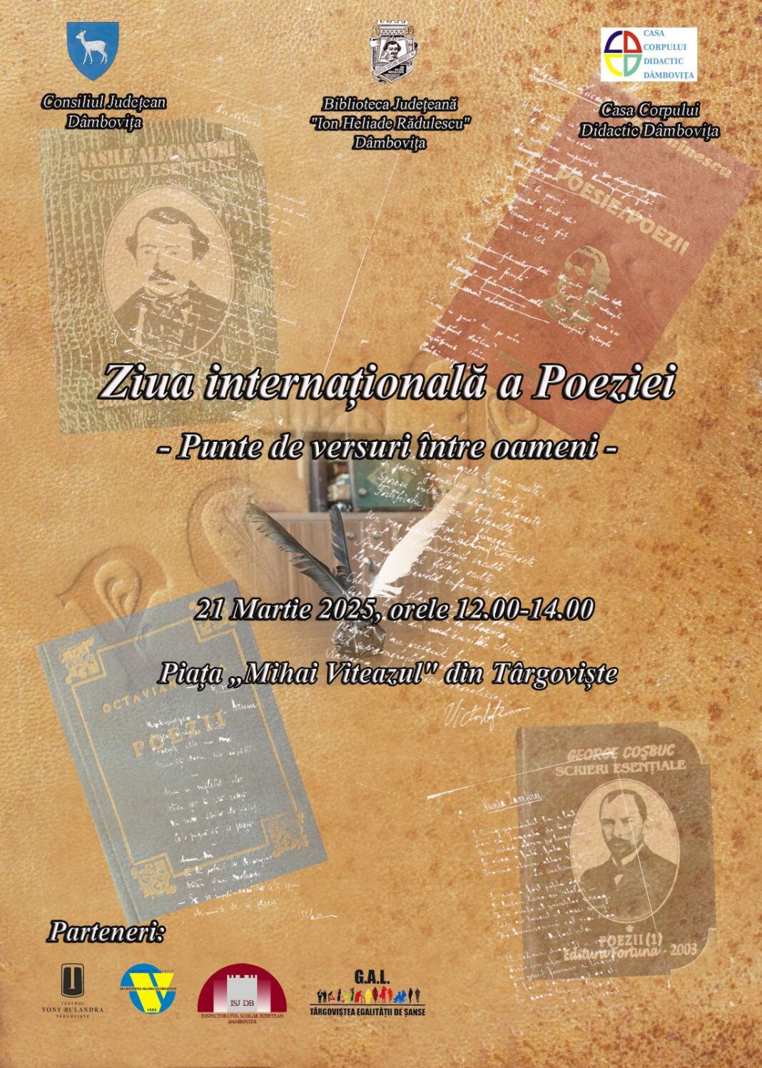 Eveniment cultural dedicat Zilei Internaționale a Poeziei, la Târgoviște.Vineri, 21 martie 2025, ora 12:00, Casa Corpului Didactic Dâmbovița și Biblioteca Județeană „I.H. Rădulescu” organizează un eveniment cultural deosebit, intitulat „Punte de versuri între oameni”, dedicat Zilei Internaționale a Poeziei.