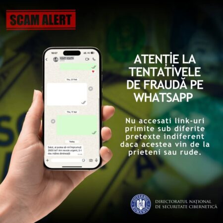 Tentative de fraudă pe WhatsApp – DNSC avertizează utilizatorii! Tentative de fraudă pe WhatsApp – DNSC avertizează utilizatorii!Directoratul Național de Securitate Cibernetică (DNSC) trage un semnal de alarmă privind o nouă metodă de fraudă pe WhatsApp