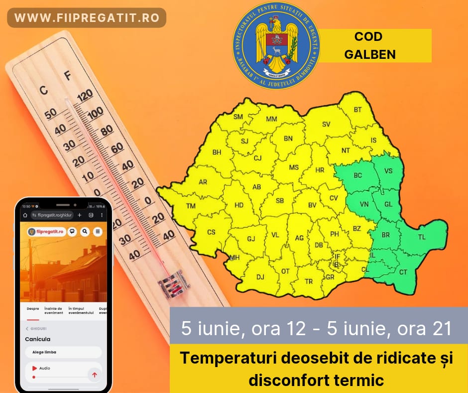 ATENȚIONARE METEOROLOGICĂ: COD GALBEN de caniculă în județul Dâmbovița pe 5 iunie