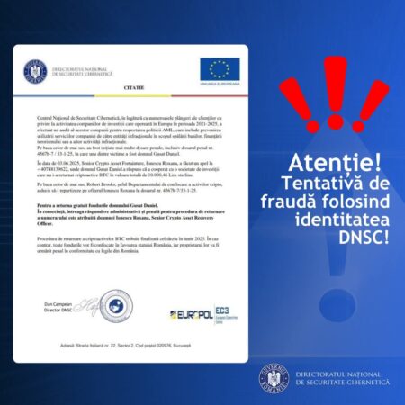 Tentativă de fraudă online folosind numele DNSC: Cetățenii, avertizați să nu se lase păcăliți Tentativă de fraudă online folosind numele DNSC: Cetățenii, avertizați să nu se lase păcăliți