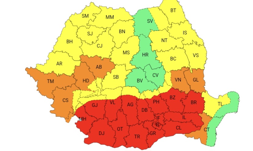 MARE ATENȚIE! Luni, 7 iulie, COD ROȘU DE CANICULĂ în județul Dâmbovița, zona de sud  și COD GALBEN în zona de nord