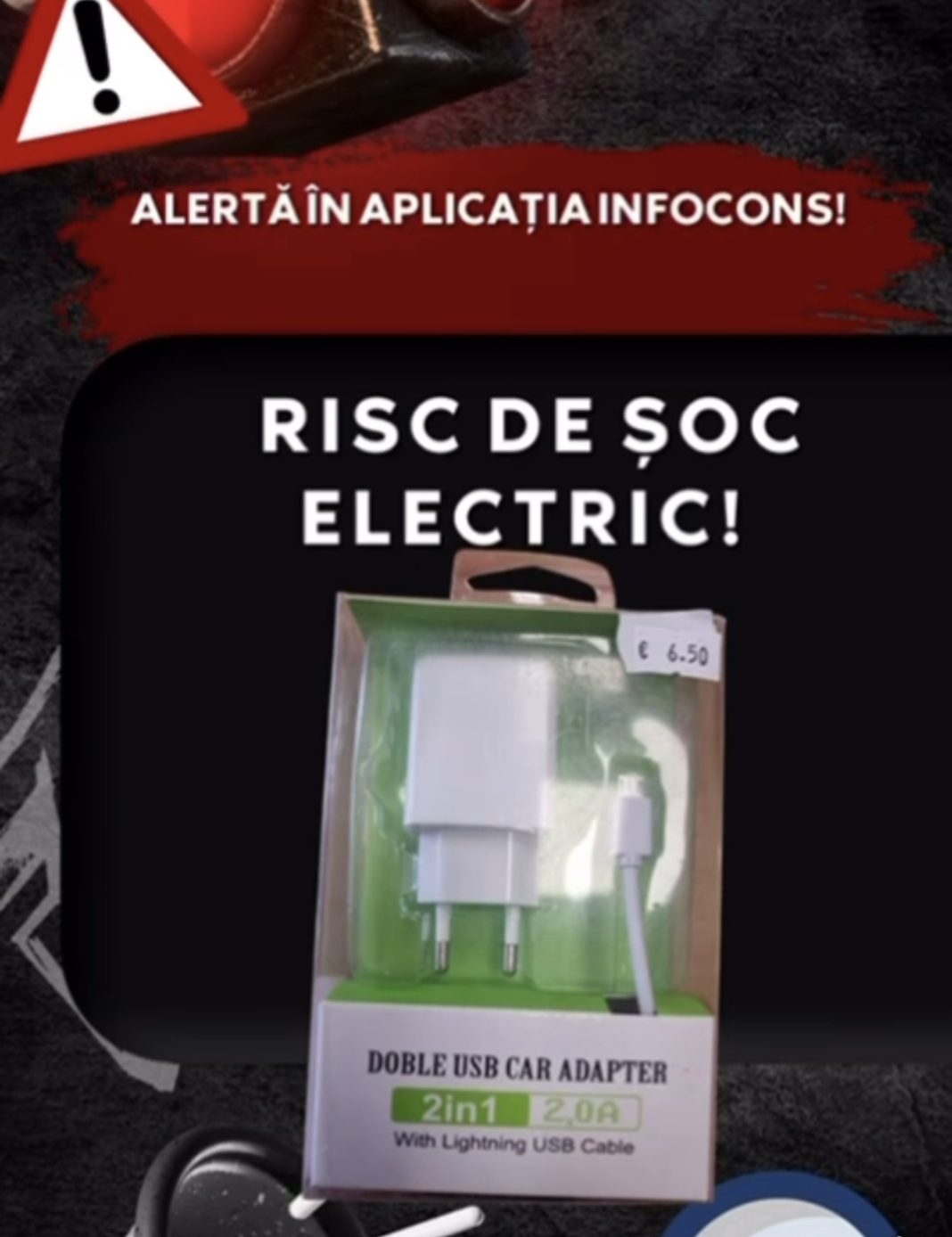 Alertă InfoCons: Încărcător USB alb periculos pentru consumatori