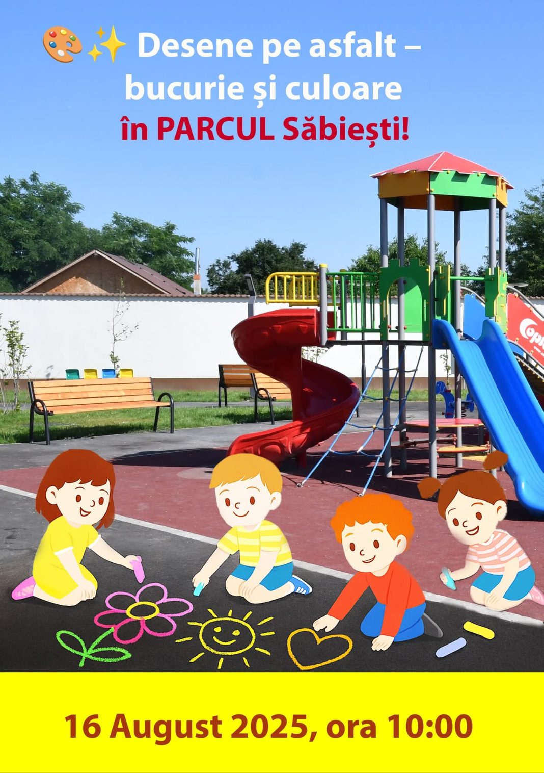  „Desene pe asfalt” în Parcul Săbiești, o zi de bucurie pentru toți copiii!