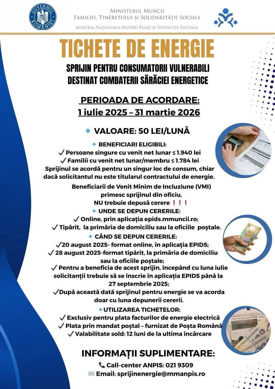 Tichete de energie pentru consumatorii vulnerabili din comuna I.L. Caragiale 