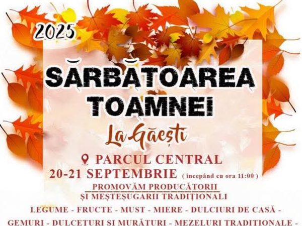 Parcul Central din Găești găzduiește „Sărbătoarea Toamnei” – 20 și 21 septembrie 2025 Parcul Central din Găești găzduiește „Sărbătoarea Toamnei” – 20 și 21 septembrie 2025