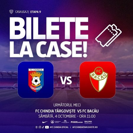 Chindia Târgoviște – FC Bacău: bilete disponibile pentru meciul de sâmbătă Chindia Târgoviște – FC Bacău: bilete disponibile pentru meciul de sâmbătă