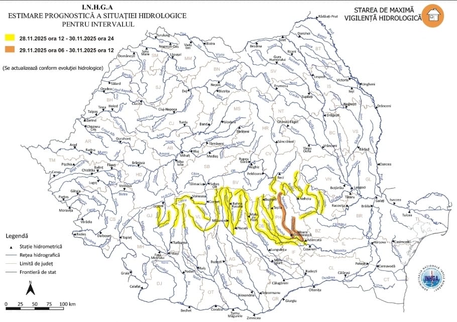 AVERTIZARE HIDROLOGICĂ – COD GALBEN ÎN JUDEȚUL DÂMBOVIȚA