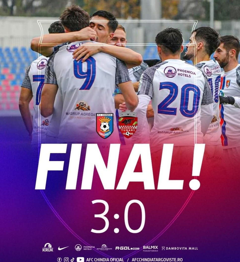 Chindia Târgoviște a obținut o victorie categorică în meciul disputat împotriva celor de la CS Tunari, scor 3-0