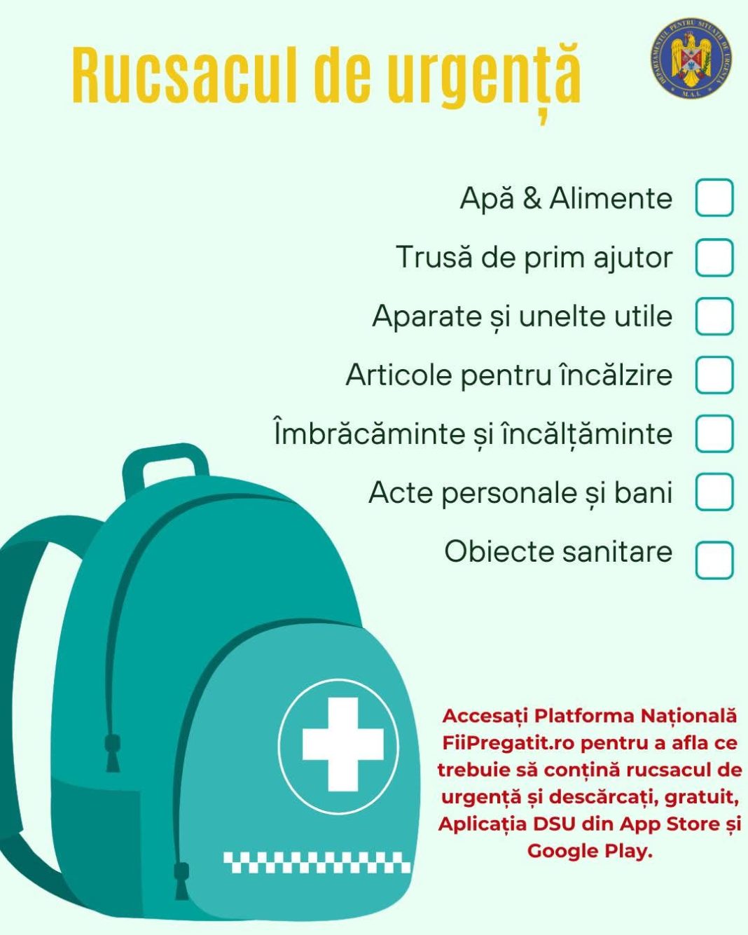 Autoritățile reamintesc: Pregătirea rucsacului de urgență poate face diferența într-o situație de urgență 