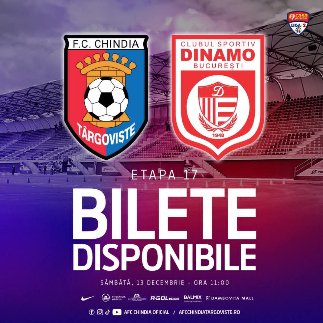 Ultimul meci al anului pentru Chindia Târgoviște: duel decisiv cu CS Dinamo, pe stadionul „Eugen Popescu”