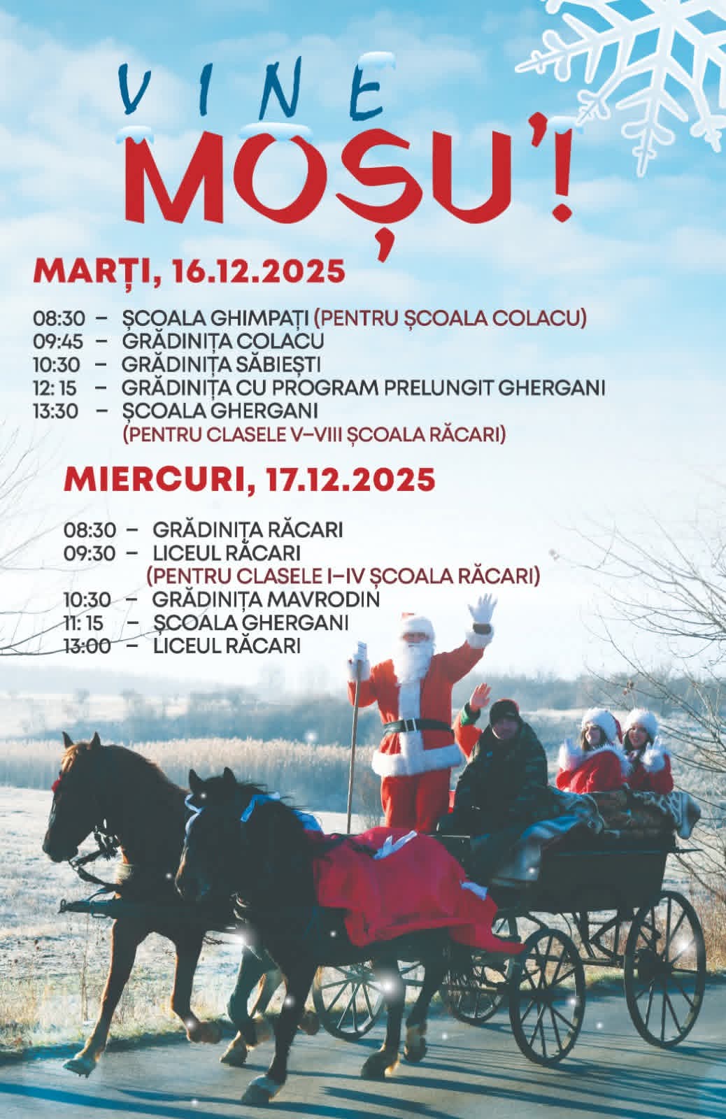 Vine Moșu la Răcari! Caravana bucuriei ajunge în școli și grădinițe 