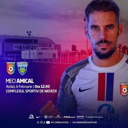 Astăzi, vineri, 6 februarie 2026, de la ora 12:30, Chindia Târgoviște va disputa un meci amical împotriva echipei Progresul Spartac, pe terenul de la Complexul Turistic de Natație Târgoviște.